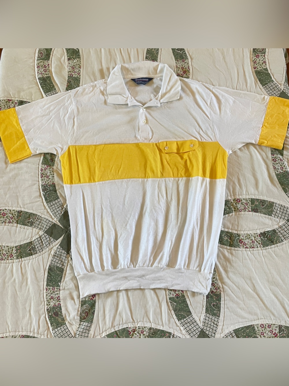 Vintage White and Yellow Colorblock Striped Polo Size Large White Yellow